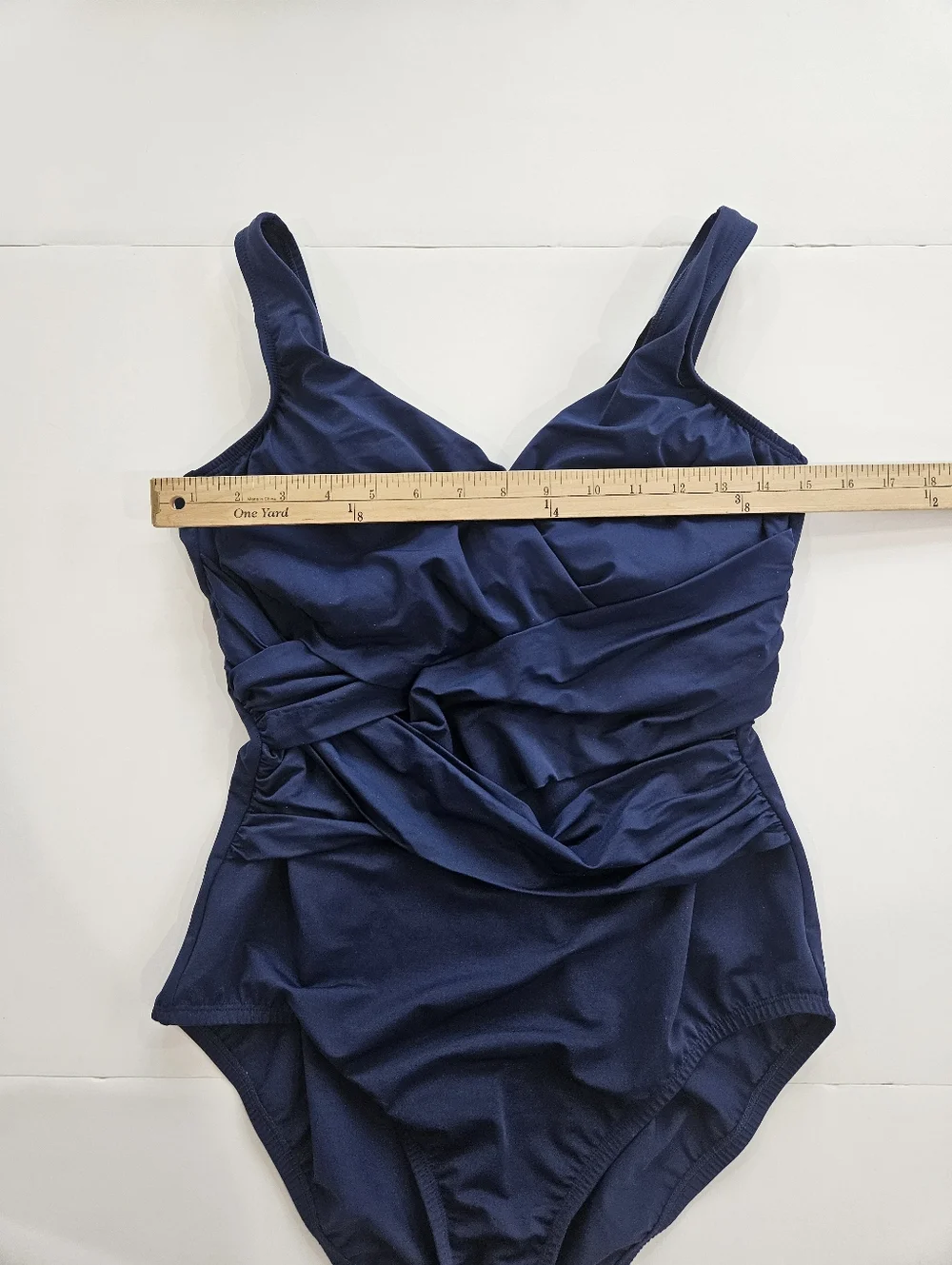 Lands’ End Slender Suit One Piece Swimsuit Womens 12 Blue Ruched Tummy Control